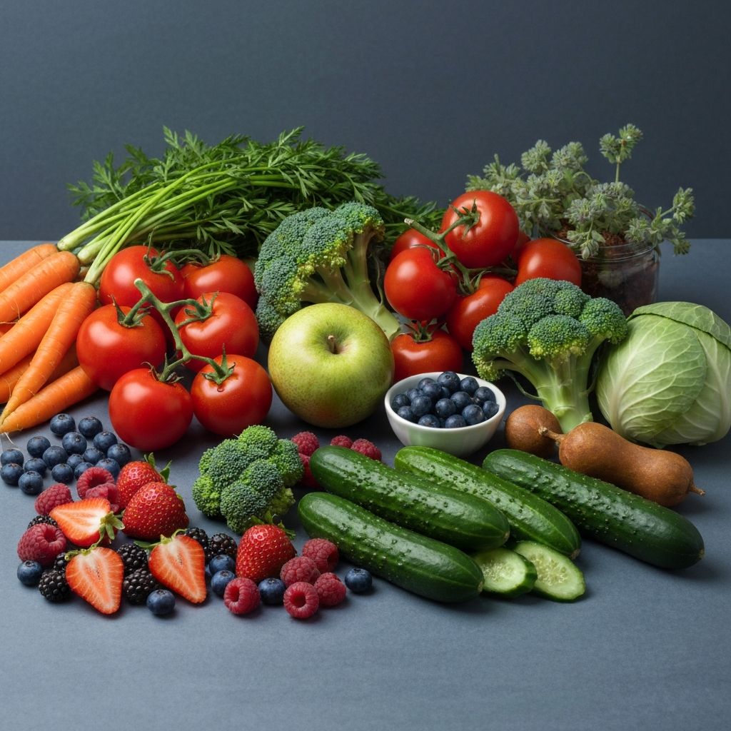 Colorful fresh vegetables and fruits providing essential vitamins and minerals